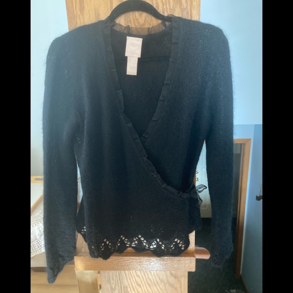 Black wrap sweater with ribbon and lace